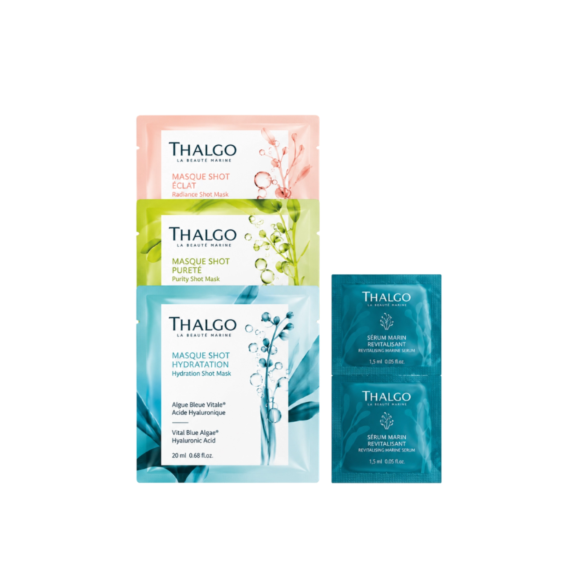 Beauté Express | Masque Shot Anti-soif 20ml + Masque Shot Confort Sos 20ml + Masque Shot Booster d'Énergie 20ml + Patchs Pro Regard X 2 uds - Thalgo ®