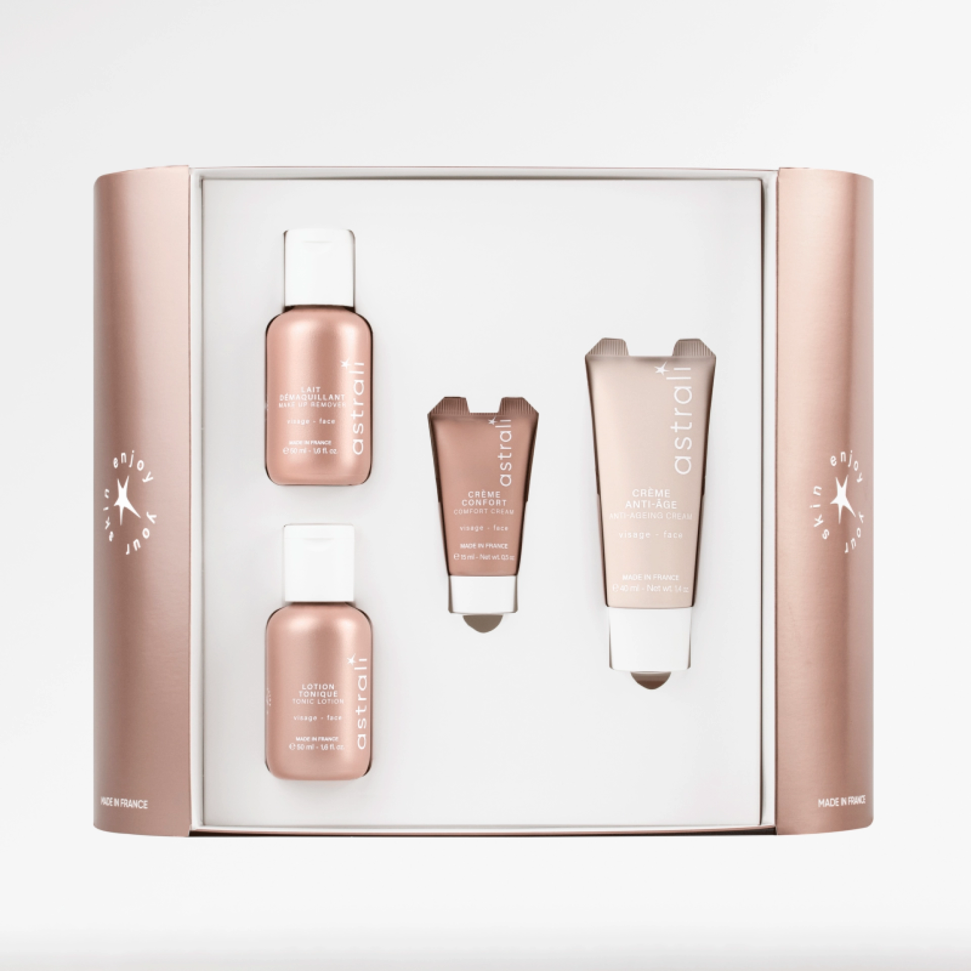 Coffret Visage Anti Age | Estuche facial antiedad: Leche desmaquillante + Loción tónica + Crema antiedad + Crema confort - Astrali ®