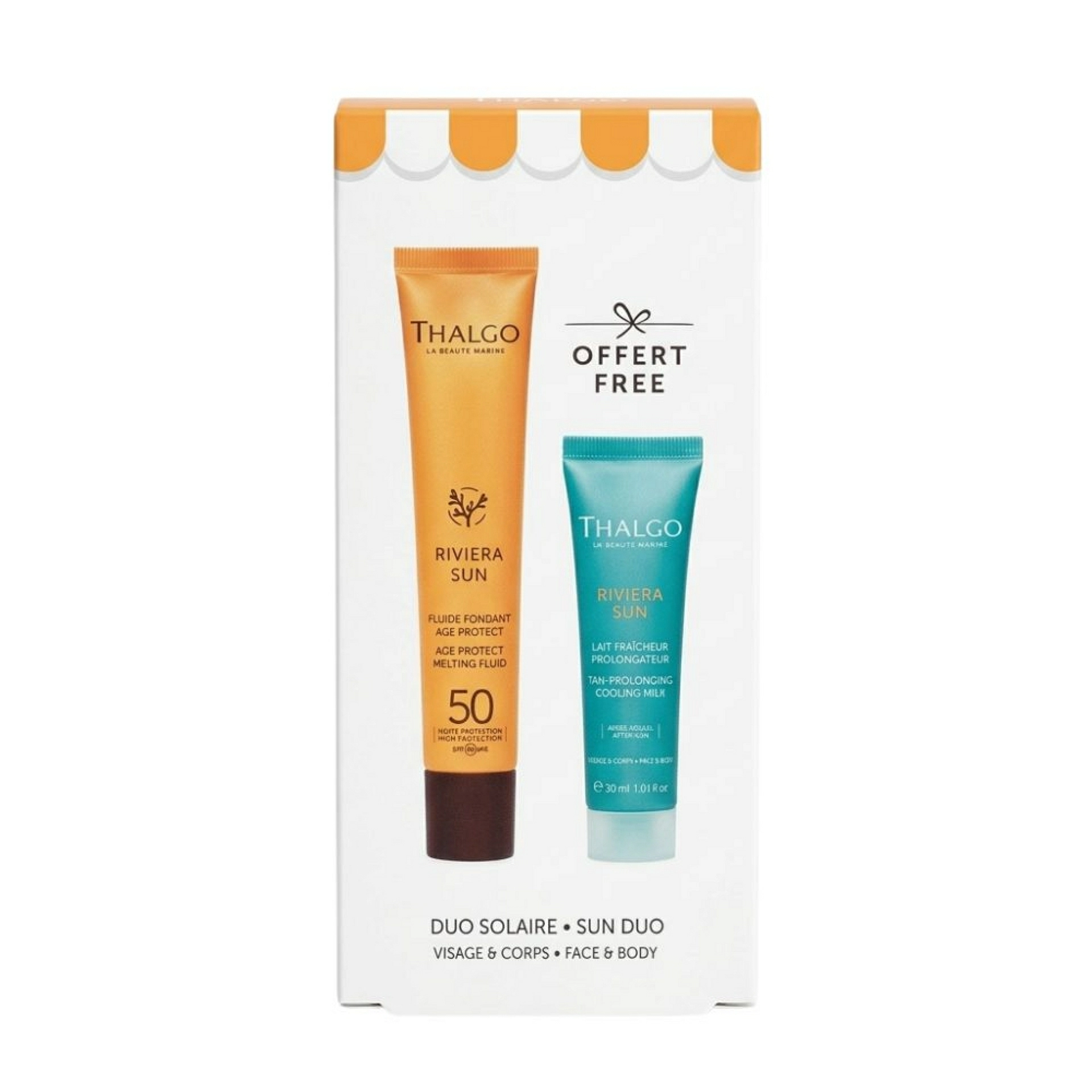 Duo Solaire Riviera Sun | Fluido Solar Facial Antiedad SPF50 + Leche Corporal Post Solar – Thalgo ®