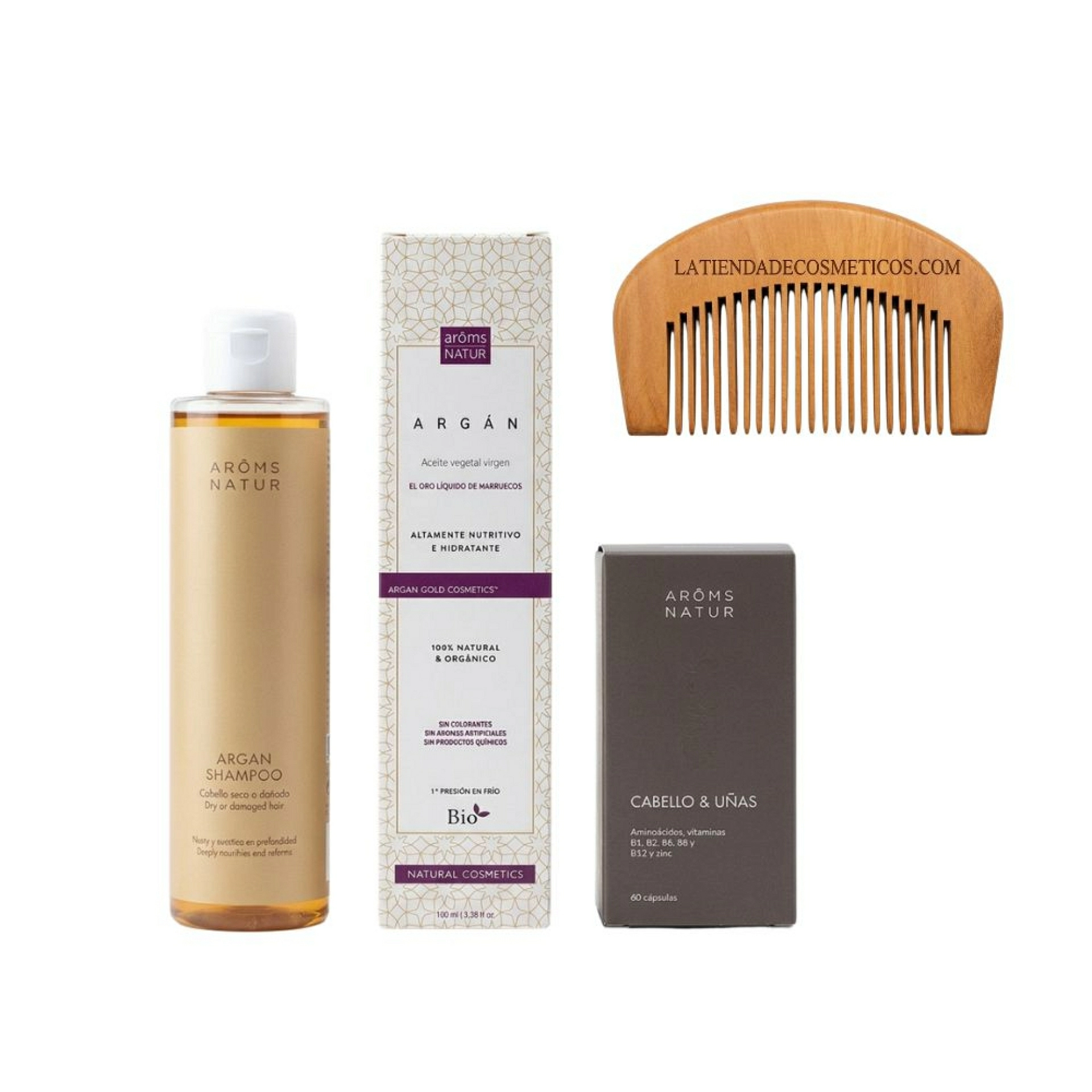 Pack Anticaída | Cabello & Uñas 60 Cápsulas + Champú de Argán 200 ml + Aceite de Argán 100 ml -  Arôms Natur