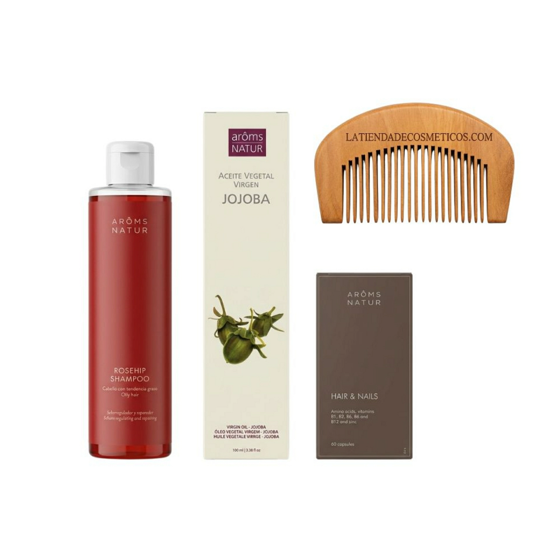 Pack Control Sebo Capilar | Cabello & Uñas 60 Cápsulas + Champú Rosa Mosqueta 200 ml + Aceite de Jojoba 100 ml - Arôms Natur ®