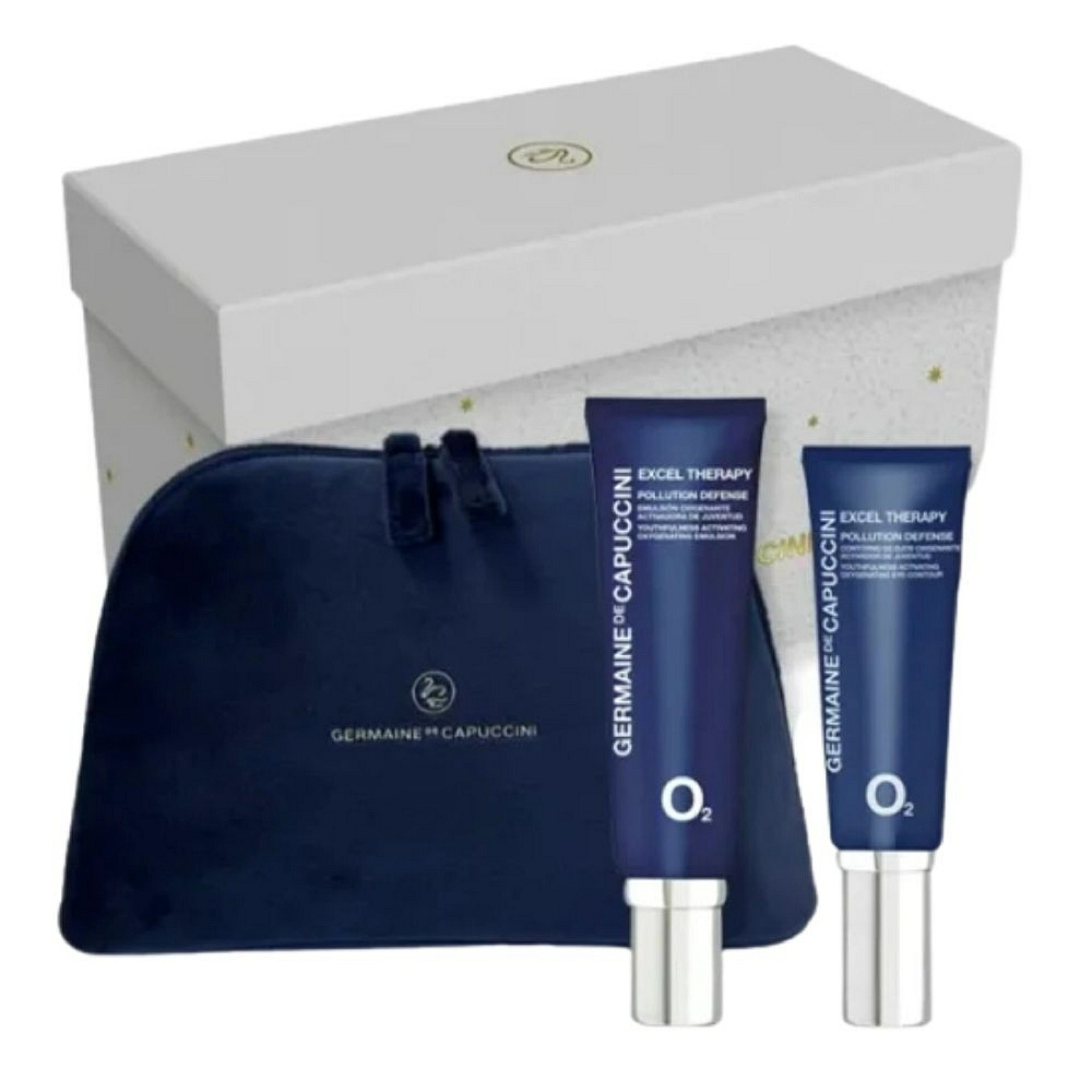 Pack Excel Therapy O2 Pollution Defense | Crema o Emulsión Oxigenante 50ml + Contorno de Ojos 15ml + neceser de regalo - Germaine de Capuccini ®