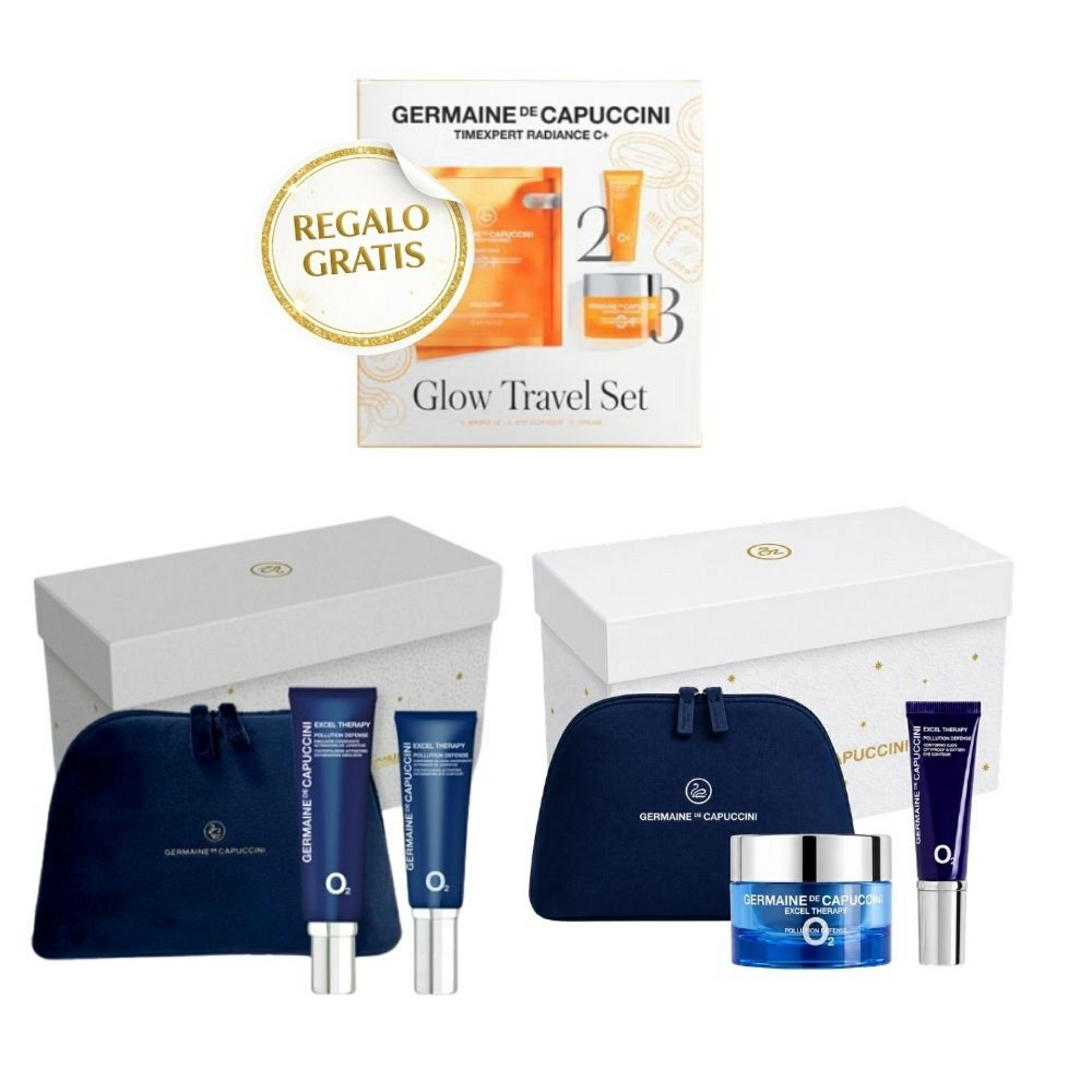 Pack Excel Therapy O2 Pollution Defense | Crema o Emulsión Oxigenante 50ml + Contorno de Ojos 15ml + neceser de regalo - Germaine de Capuccini ®