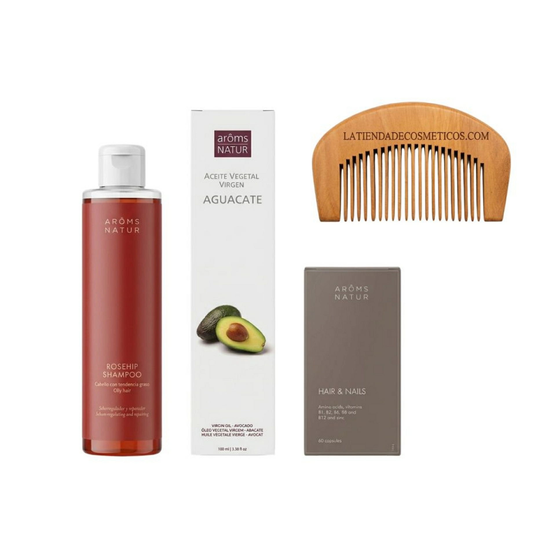 Pack Nutrición Capilar | Cabello & Uñas 60 Cápsulas + Champú de Rosa Mosqueta 200 ml + Aceite de Aguacate 100 ml – Arôms Natur ®