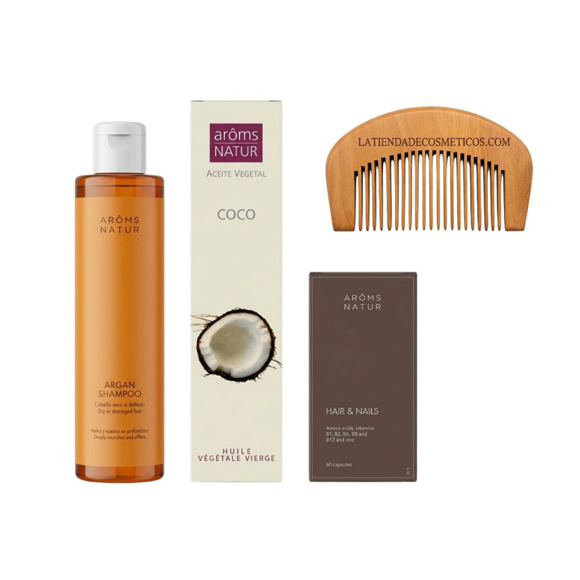 Pack Revitalización Capilar | Cabello & Uñas 60 Cápsulas + Champú de Argán 200 ml + Aceite de Coco 100 ml - Arôms Natur