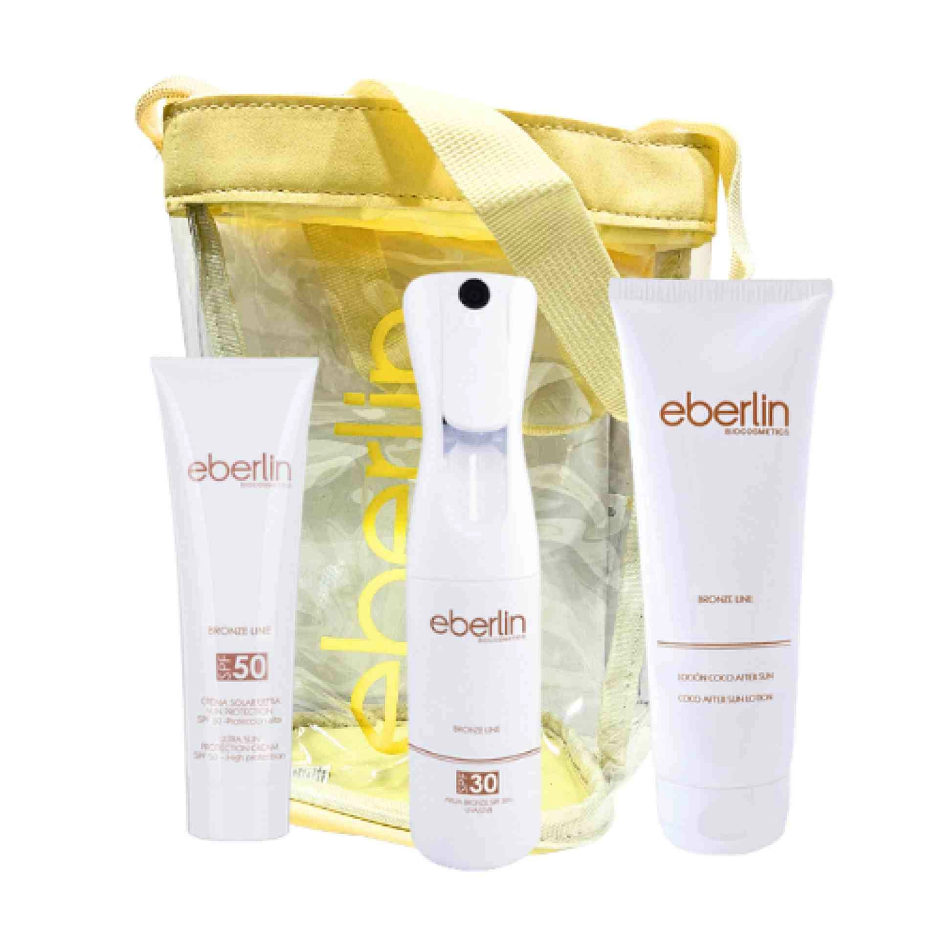 Pack Solar Eberlin 2025: Crema Solar Facial SPF50 50ml + Aceite Seco SPF30 185ml o Akua Bronce SPF 30 185ml + Loción Coco After Sun 250ml - Eberlin ®