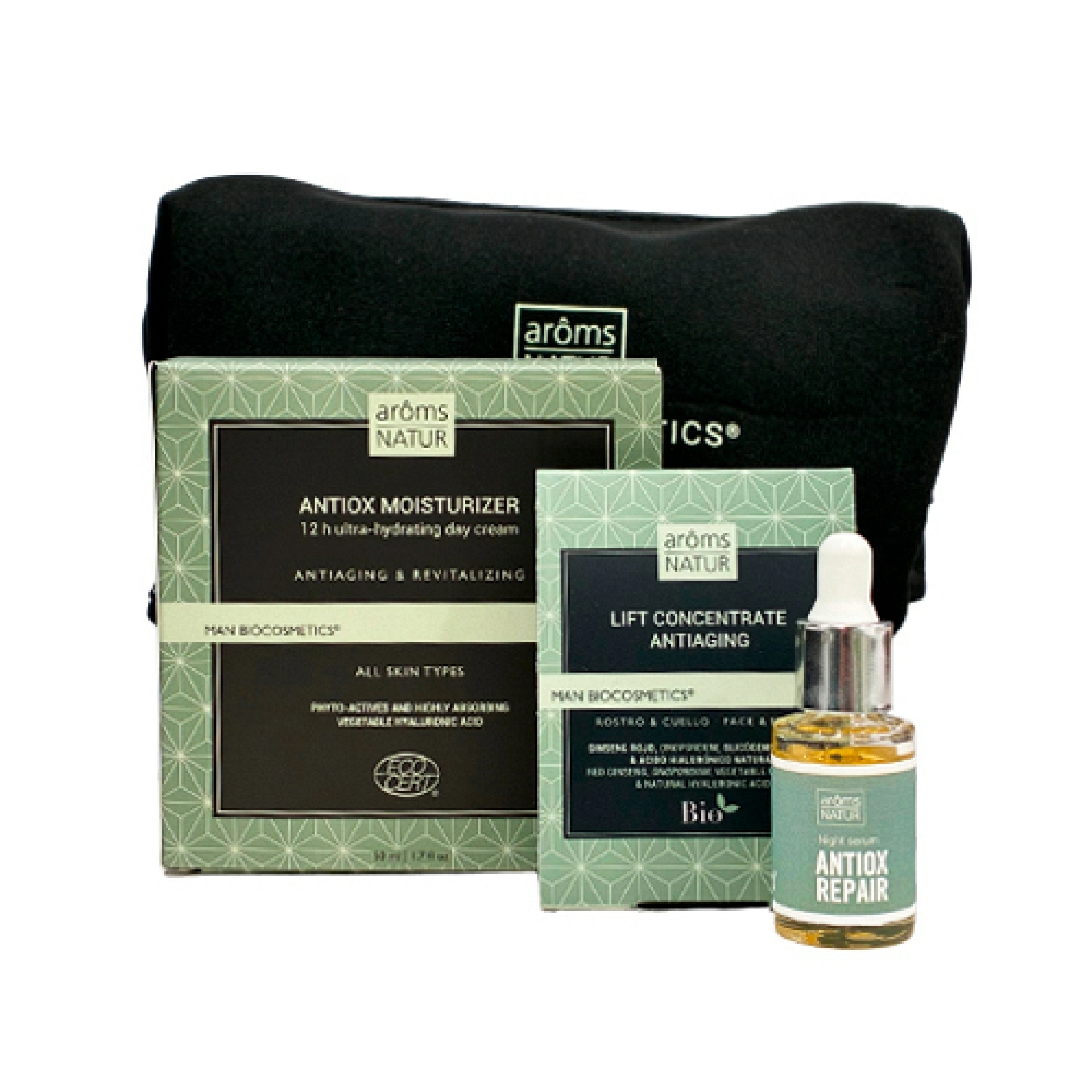 Rutina Revitalizante y Antifatiga para hombre | Antiox Moisturizer 50ml + Antiox Repair 4ml + Lift Concentrate 2x1.5ml - Man Biocosmetics - Arôms Natur ®
