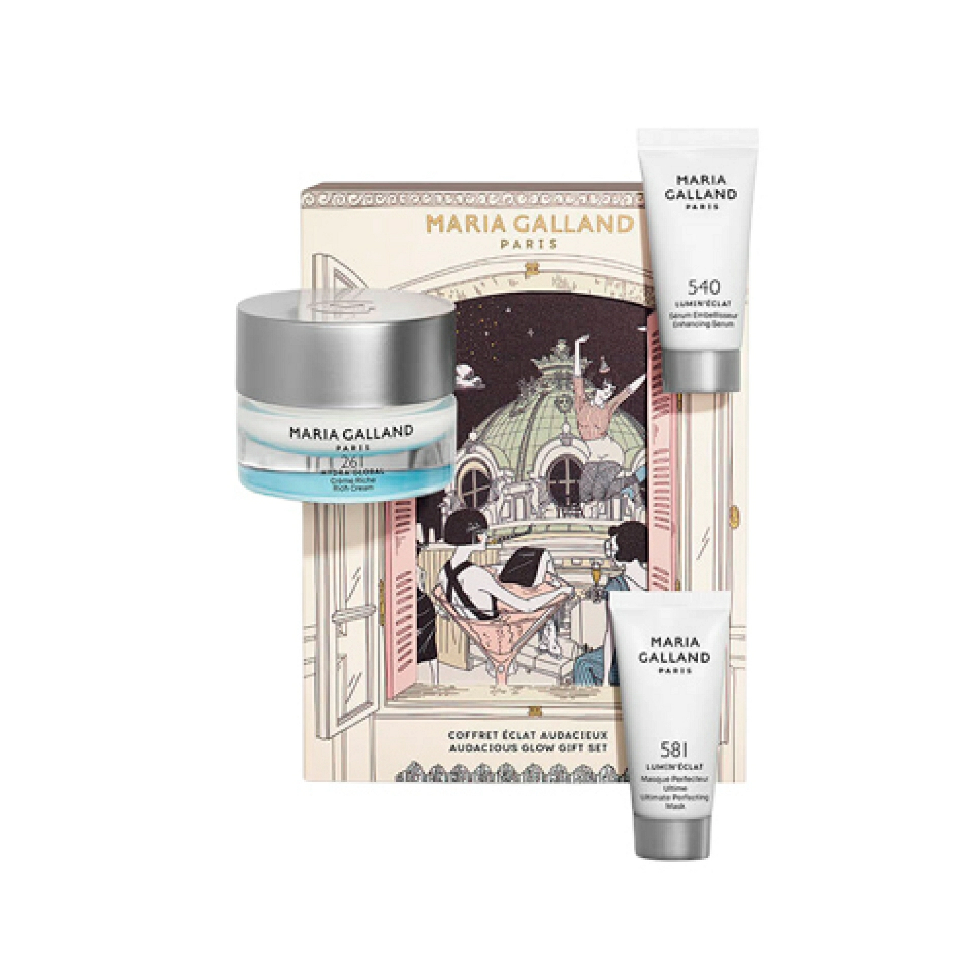 Set de Regalo Audacious Glow | Pack iluminador: 261 Rich Cream 50ml + 540 Enhancing Serum 15ml + 581 Ultimate Perfecting Mask 20ml - Maria Galland ®