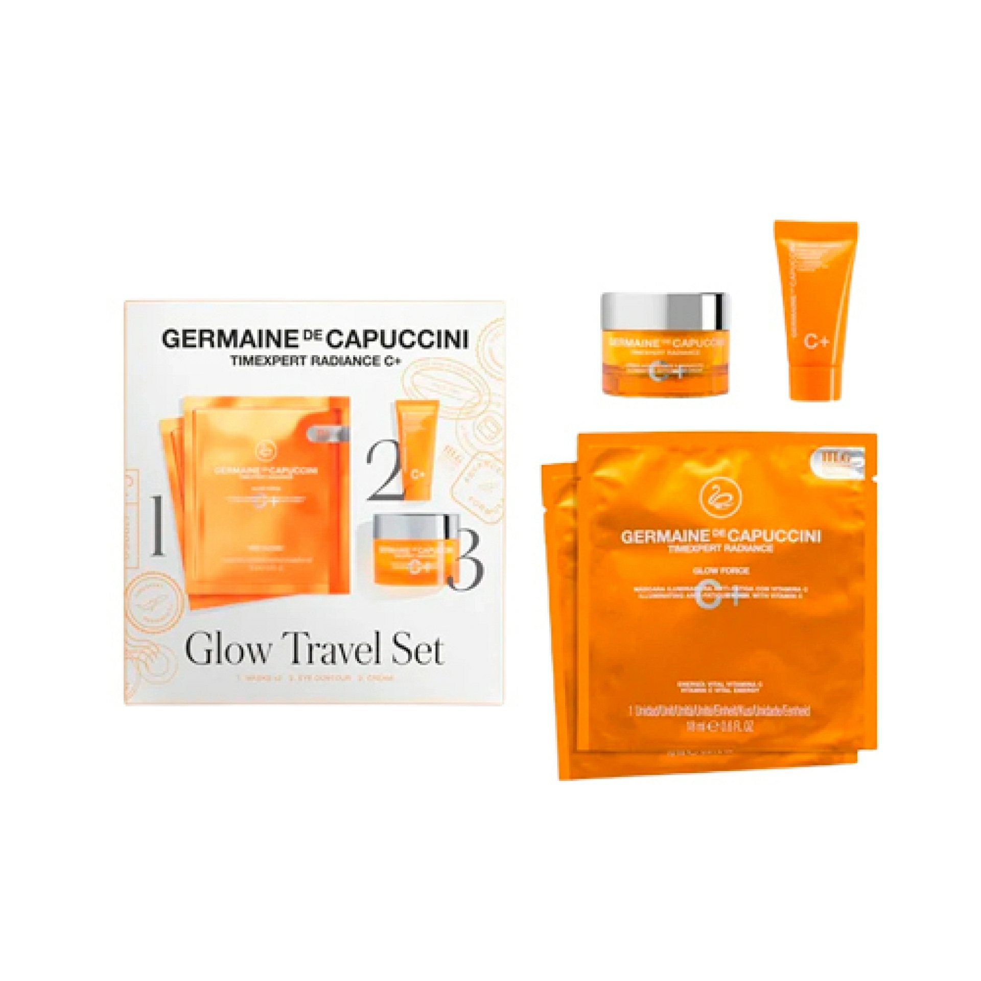 Set de Viaje Glow | 2 mascarillas + 1 crema 15 ml + contorno de ojos 3 ml - Timexpert Radiance C+ - Germaine de Capuccini ®