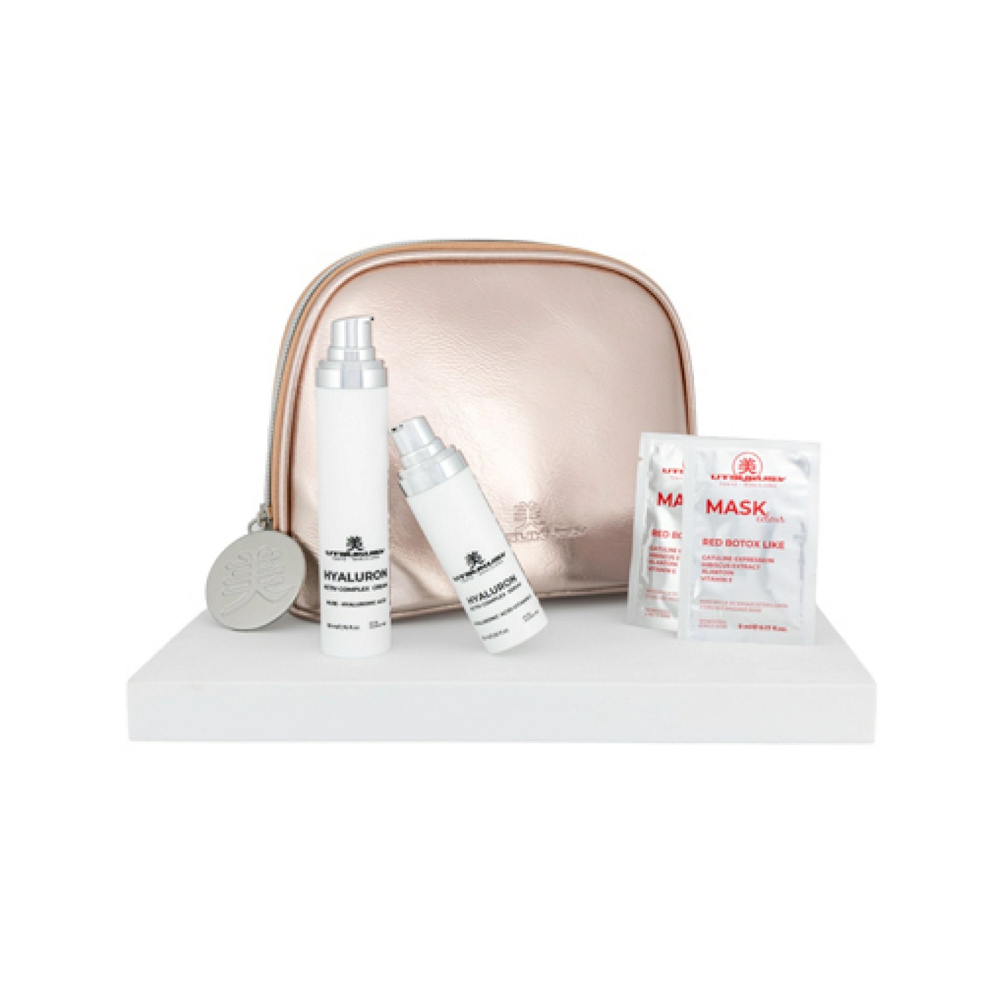 Set Navidad 2025 Mokzai Hyaluron | Hyaluron Cream 50ml + Hyaluron Serum 30ml SPF 50 + 2 Mascarillas Red Botox Like + Neceser de Regalo - Utsukusy ®