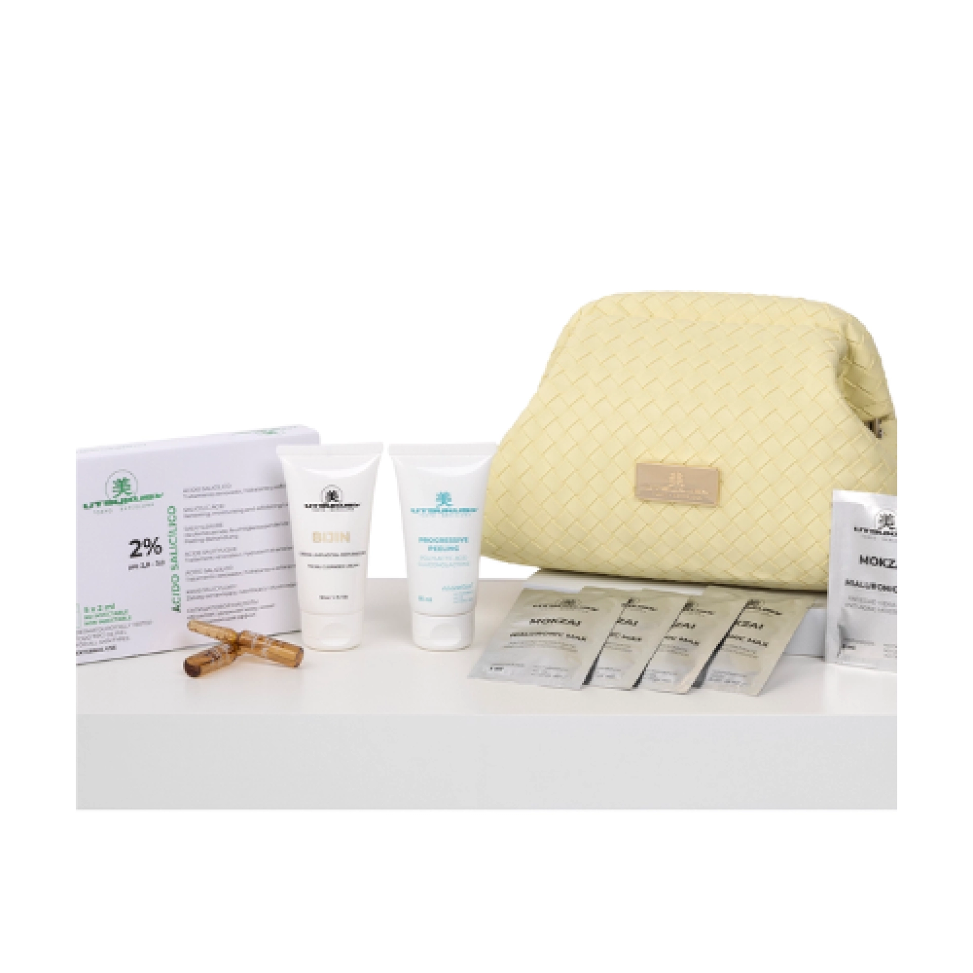 Set Progressive-Acido Salicilico con Neceser | Crema Bijin 50ml + Progresive peeling 50ml + Ampollas Acido Salicilico 2 ml + Mascarilla Hyaluron Mozkai 5 unidades - Utsukusy ®