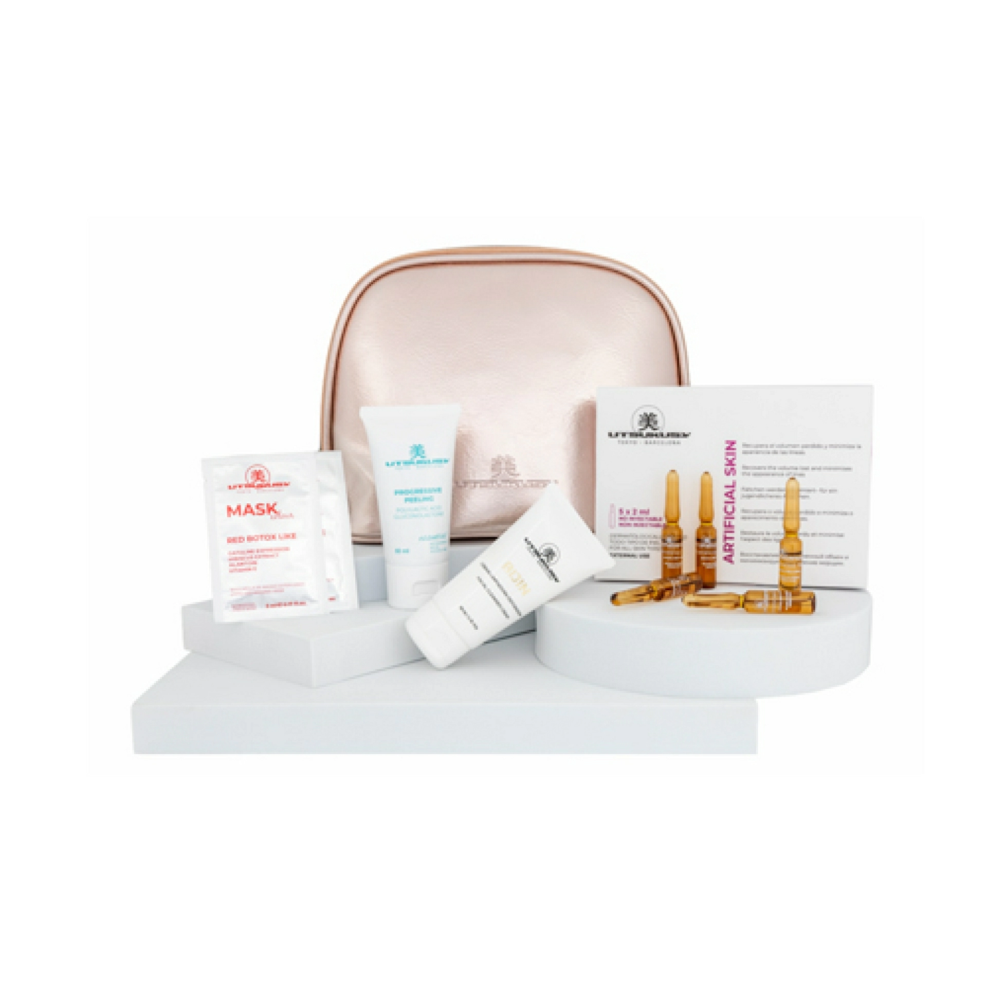 Set Progressive Artificial Skin | Serum Artificial Skin 5x2ml + Crema Bijin 50ml + Progressive Peeling 50ml + 2 Mascarillas Red Botox Like + Neceser de Regalo - Utsukusy ®