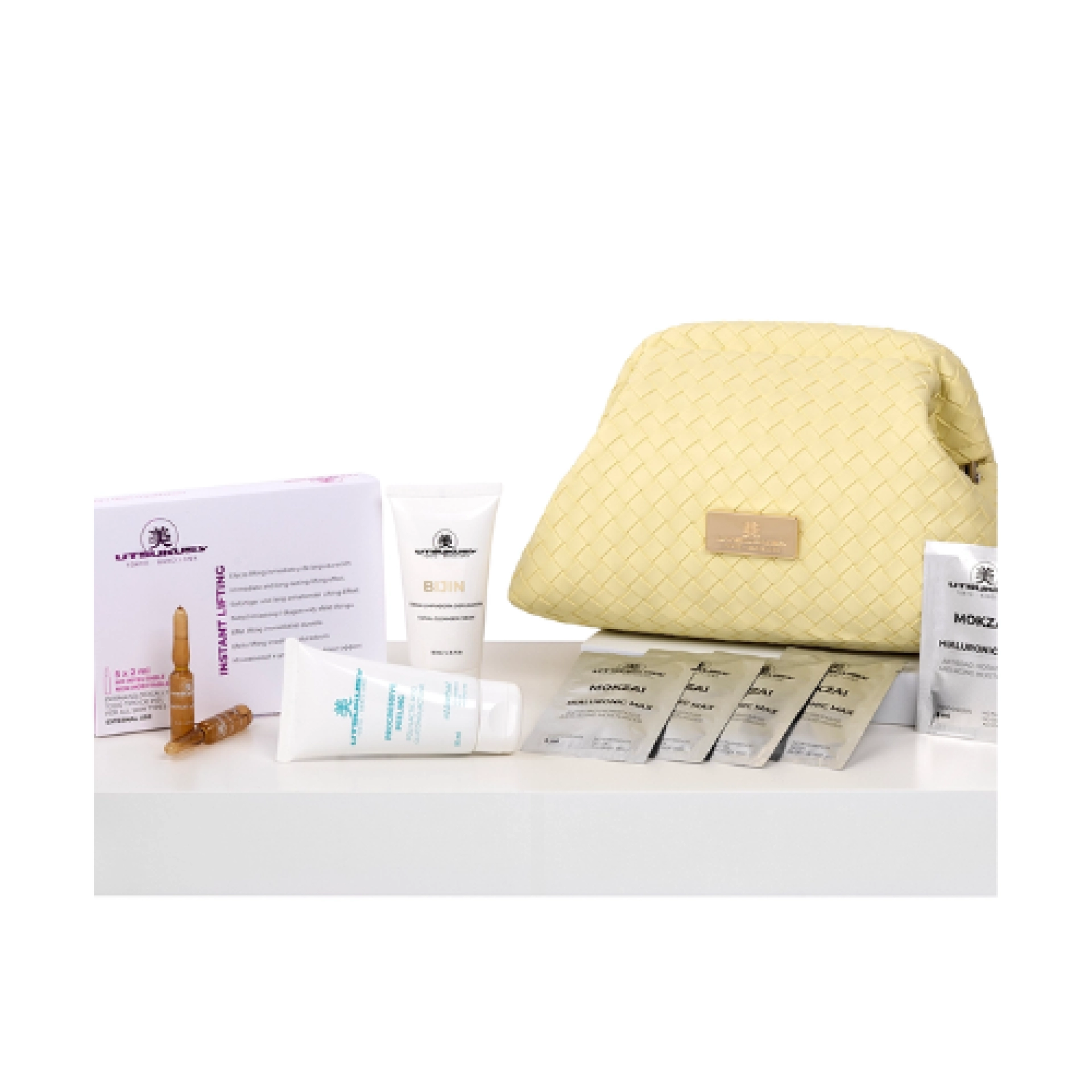Set Progressive-Instant Liftinfg con Neceser | Crema Bijin 50ml + Progresive peeling 50ml + Ampollas Instant Lifting 2 ml + Mascarilla Hyaluron Mozkai 5 unidades - Utsukusy ®