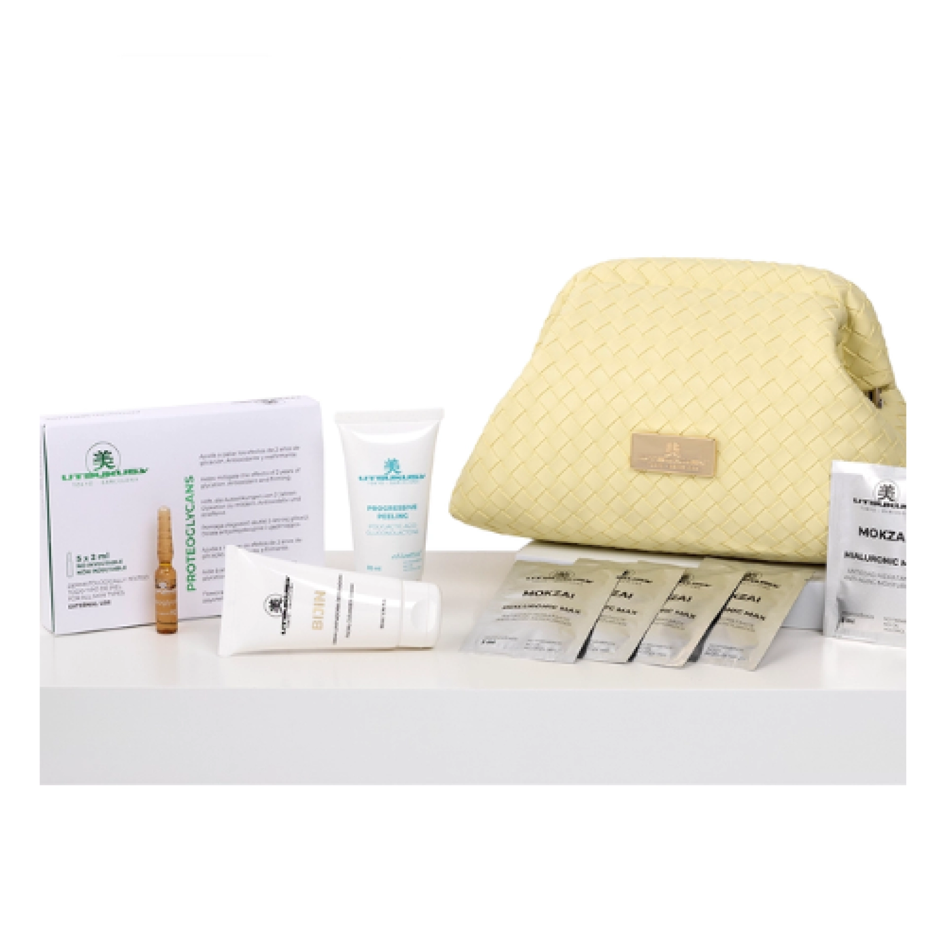 Set Progressive-Proteoglycans con Neceser | Crema Bijin 50ml + Progresive peeling 50ml + Ampollas Proteoglycans 2 ml + Mascarilla Hyaluron Mozkai 5 unidades - Utsukusy ®