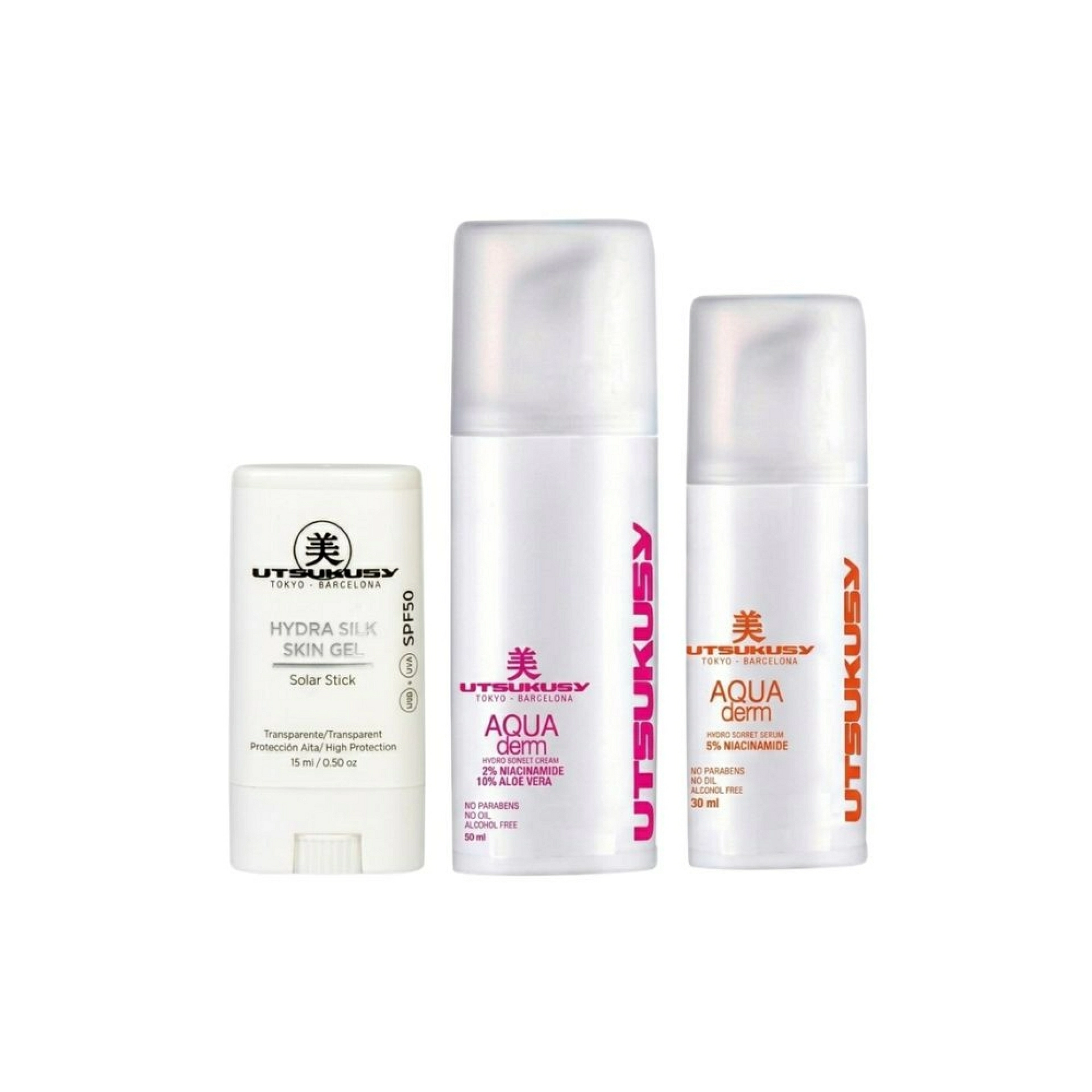 Set Sunskin Aqua Derm | Sérum Aqua Derm 30 ml + Crema Aqua Derm 50 ml + Stick Gel SPF50 – Utsukusy ®