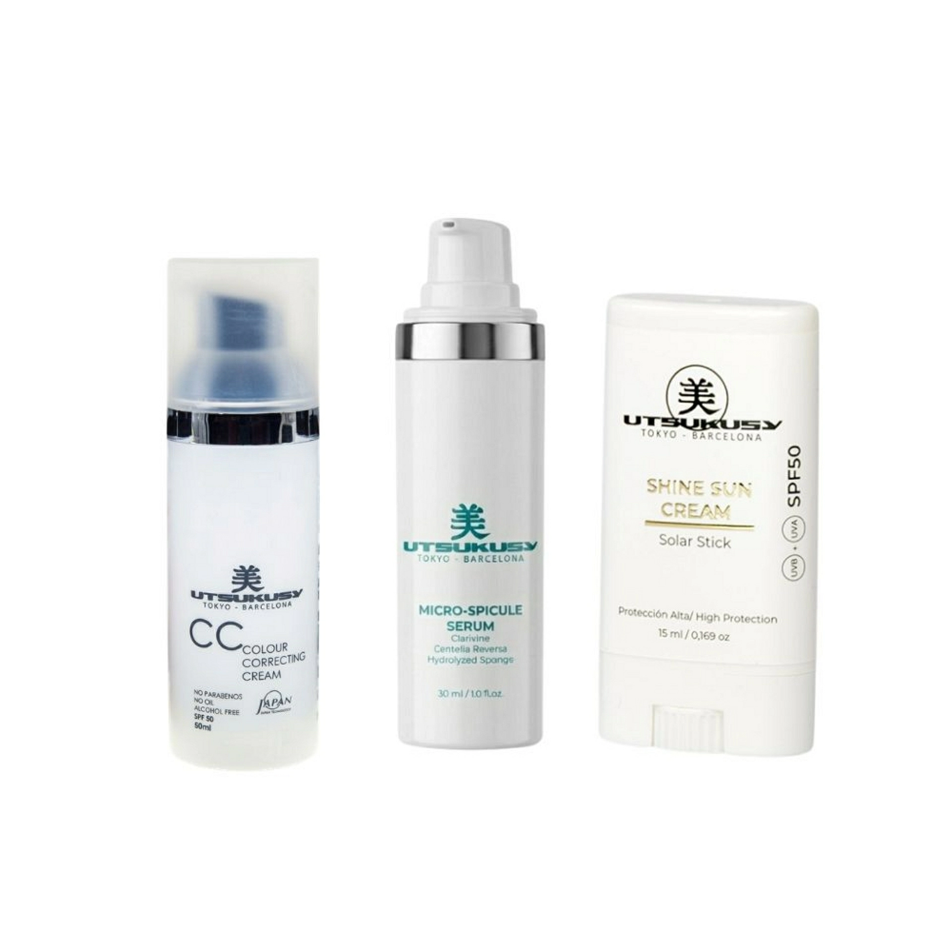 Set Sunskin Facial Color CC | Crema con Color CC + Sérum Micro Spicule + Stick SPF 50 - Utsukusy ®