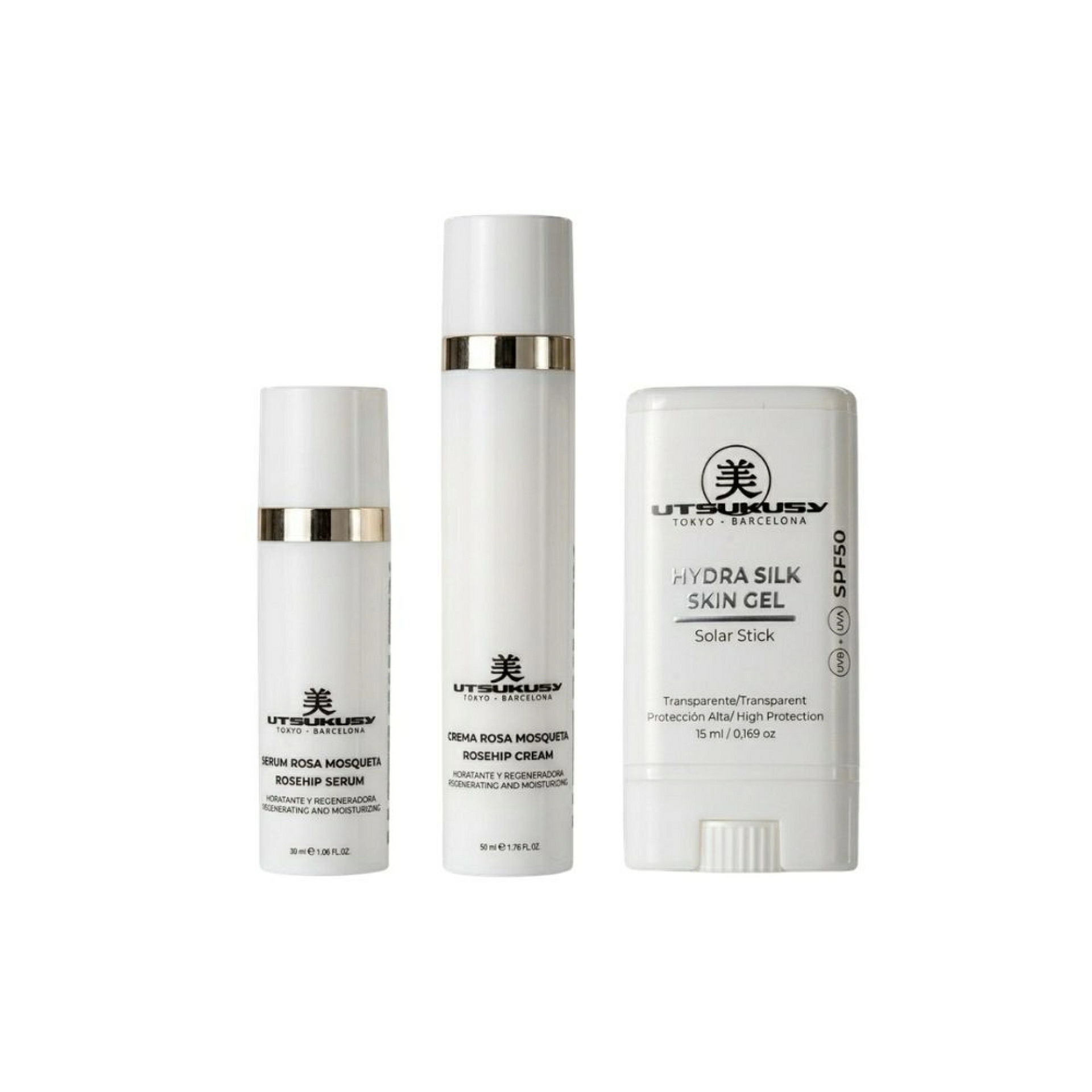 Set Sunskin Rosa Mosqueta | Crema Rosa Mosqueta 50 ml + Sérum Rosa Mosqueta 30 ml + Sun Stick SPF50 – Utsukusy ®