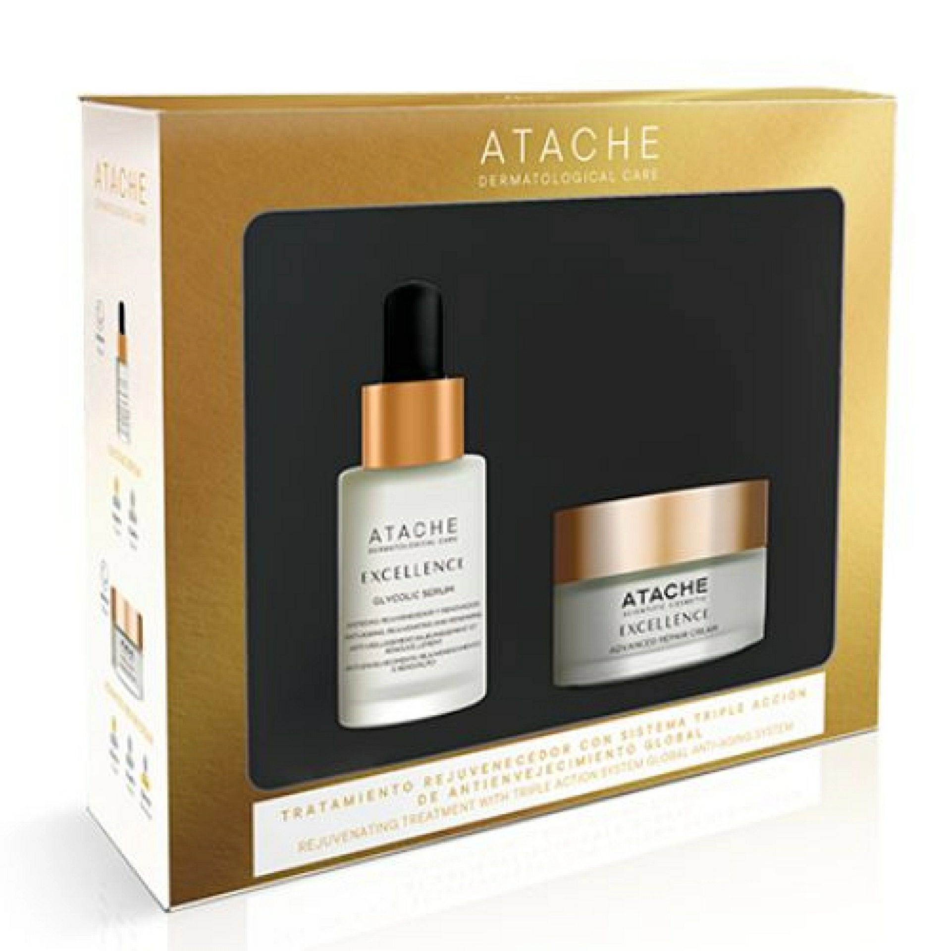 Tratamiento rejuvenecedor con sistema triple acción de antienvejecimiento global | Excellence glycolic sérum antiedad 30ml + Crema reparadora 50ml | Atache ®